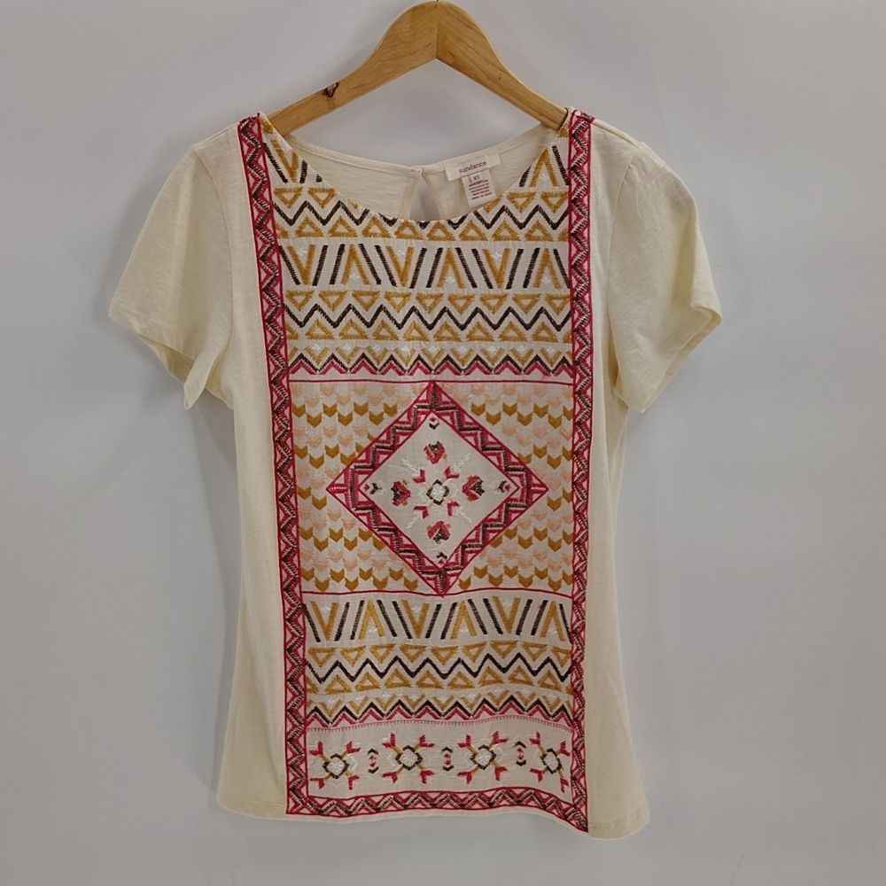 Sundance Top Size XS Cream Tribal Aztec Embroidered Short Sleeve 100 Cotton